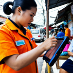 **Prompt:** A Thai emergency medical technician (EMT) in a distinct orange or navy blue uniform, on-site, using a rugged tablet to video call a specialist doctor in real-time. The patient is receiving initial care in a typical Thai setting, such as a local home or a busy Bangkok street market. The scene conveys a sense of immediate, precise medical consultation, with data flowing seamlessly. Subtle overlay elements could suggest AI-assisted analysis of the patient's vitals or symptoms, emphasizing advanced communication and decision-making on the frontline.