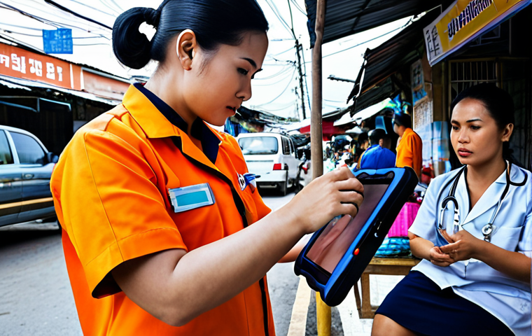 **Prompt:** A Thai emergency medical technician (EMT) in a distinct orange or navy blue uniform, on-site, using a rugged tablet to video call a specialist doctor in real-time. The patient is receiving initial care in a typical Thai setting, such as a local home or a busy Bangkok street market. The scene conveys a sense of immediate, precise medical consultation, with data flowing seamlessly. Subtle overlay elements could suggest AI-assisted analysis of the patient's vitals or symptoms, emphasizing advanced communication and decision-making on the frontline.