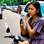 ** A bustling Bangkok street scene with a minor traffic accident (motorbike and car lightly bumped). A young woman wearing a modern Thai outfit is calmly assessing the situation, using her phone to call for help (1669 displayed subtly on the phone screen).  Focus on her confident demeanor and the urban setting.

**