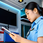 A professional Thai female Emergency Medical Technician (EMT) in a clean, modern, fully clothed EMT uniform with appropriate reflective safety elements. She is positioned calmly inside a bright, well-organized modern ambulance interior, with medical equipment visible in the background. The EMT is focused, looking intently at a tablet, simulating data analysis or a telemedicine consultation. The image captures a moment of competence and efficiency. The scene is safe for work, appropriate content, and professional. Perfect anatomy, correct proportions, natural pose, well-formed hands, proper finger count, natural body proportions, high-resolution, professional photography, natural lighting, sharp focus, vibrant colors, realistic, cinematic.