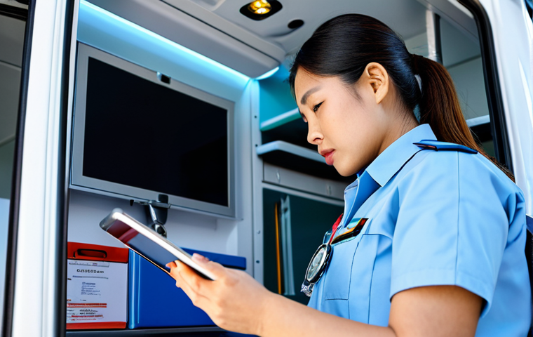 A professional Thai female Emergency Medical Technician (EMT) in a clean, modern, fully clothed EMT uniform with appropriate reflective safety elements. She is positioned calmly inside a bright, well-organized modern ambulance interior, with medical equipment visible in the background. The EMT is focused, looking intently at a tablet, simulating data analysis or a telemedicine consultation. The image captures a moment of competence and efficiency. The scene is safe for work, appropriate content, and professional. Perfect anatomy, correct proportions, natural pose, well-formed hands, proper finger count, natural body proportions, high-resolution, professional photography, natural lighting, sharp focus, vibrant colors, realistic, cinematic.