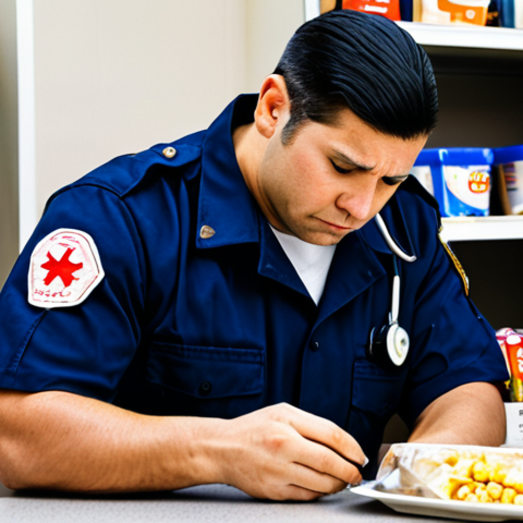 A busy emergency medical professional (EMT) in a professional, fully clothed uniform, quickly grabbing a pre-packaged convenience store meal and a sweet coffee, looking tired but focused, as an emergency radio on the table buzzes. The background is a brightly lit, practical convenience store interior with shelves of snacks. The scene depicts the challenges of nutrition in a demanding job. This image should be safe for work, appropriate content, fully clothed, professional dress, modest clothing, perfect anatomy, correct proportions, natural pose, well-formed hands, proper finger count, natural body proportions, high quality photography.