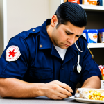A busy emergency medical professional (EMT) in a professional, fully clothed uniform, quickly grabbing a pre-packaged convenience store meal and a sweet coffee, looking tired but focused, as an emergency radio on the table buzzes. The background is a brightly lit, practical convenience store interior with shelves of snacks. The scene depicts the challenges of nutrition in a demanding job. This image should be safe for work, appropriate content, fully clothed, professional dress, modest clothing, perfect anatomy, correct proportions, natural pose, well-formed hands, proper finger count, natural body proportions, high quality photography.
