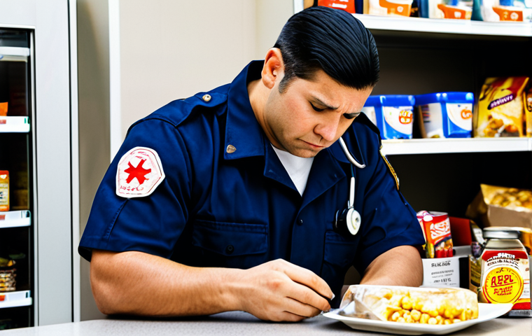 A busy emergency medical professional (EMT) in a professional, fully clothed uniform, quickly grabbing a pre-packaged convenience store meal and a sweet coffee, looking tired but focused, as an emergency radio on the table buzzes. The background is a brightly lit, practical convenience store interior with shelves of snacks. The scene depicts the challenges of nutrition in a demanding job. This image should be safe for work, appropriate content, fully clothed, professional dress, modest clothing, perfect anatomy, correct proportions, natural pose, well-formed hands, proper finger count, natural body proportions, high quality photography.