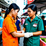 **

"A professional Thai paramedic, fully clothed in standard EMS uniform, assisting a patient at a bustling Bangkok street market, appropriate attire, safe for work, perfect anatomy, natural proportions, professional photography, high quality, family-friendly, daytime scene, focus on compassionate care."

**