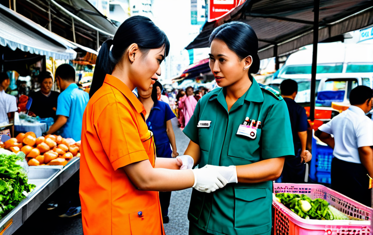 **

"A professional Thai paramedic, fully clothed in standard EMS uniform, assisting a patient at a bustling Bangkok street market, appropriate attire, safe for work, perfect anatomy, natural proportions, professional photography, high quality, family-friendly, daytime scene, focus on compassionate care."

**