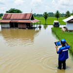 Drone Survey in Rural Thailand**

"A high-resolution photograph of a drone flying over a flooded rural area in Thailand, fully clothed rescue workers in the foreground looking at a tablet displaying the drone's view, traditional Thai houses partially submerged in water, safe for work, appropriate content, fully clothed, professional, perfect anatomy, correct proportions, well-formed hands, natural body proportions, professional photography, bright daylight."

**