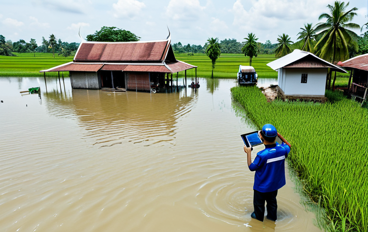 Drone Survey in Rural Thailand**

"A high-resolution photograph of a drone flying over a flooded rural area in Thailand, fully clothed rescue workers in the foreground looking at a tablet displaying the drone's view, traditional Thai houses partially submerged in water, safe for work, appropriate content, fully clothed, professional, perfect anatomy, correct proportions, well-formed hands, natural body proportions, professional photography, bright daylight."

**