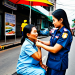 **Subject:** A Thai female paramedic in a professional uniform, assisting an elderly woman on a Bangkok street. **Clothing:** Fully clothed in a clean, modest paramedic uniform with reflective stripes. The elderly woman is wearing traditional Thai clothing. **Environment:** Busy street scene in Bangkok, Thailand, with food stalls and traffic in the background. **Quality Modifiers & Safety:** Safe for work, appropriate content, fully clothed, professional, family-friendly, perfect anatomy, correct proportions, natural pose, well-formed hands, proper finger count, natural body proportions. Professional photography, high quality.