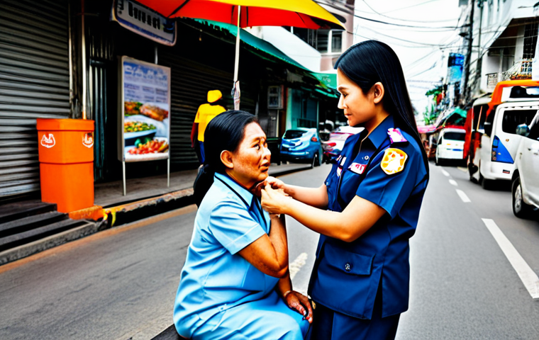 **Subject:** A Thai female paramedic in a professional uniform, assisting an elderly woman on a Bangkok street. **Clothing:** Fully clothed in a clean, modest paramedic uniform with reflective stripes. The elderly woman is wearing traditional Thai clothing. **Environment:** Busy street scene in Bangkok, Thailand, with food stalls and traffic in the background. **Quality Modifiers & Safety:** Safe for work, appropriate content, fully clothed, professional, family-friendly, perfect anatomy, correct proportions, natural pose, well-formed hands, proper finger count, natural body proportions. Professional photography, high quality.