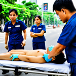 응급구조사와 환자 분류 기술 - **Prompt:** A Thai paramedic, fully clothed in professional uniform, utilizing a portable vital sign...