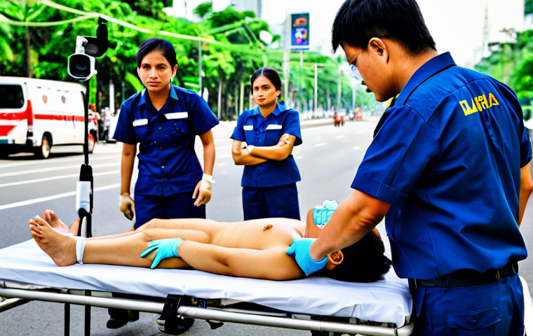 응급구조사와 환자 분류 기술 - **Prompt:** A Thai paramedic, fully clothed in professional uniform, utilizing a portable vital sign...