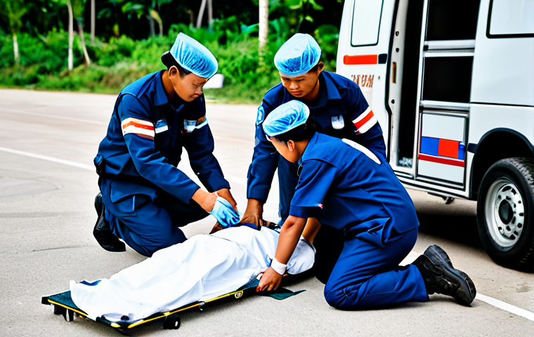 응급구조사와 환자 분류 기술 - **Prompt:** A Thai paramedic, fully clothed in professional uniform, utilizing a portable vital sign...