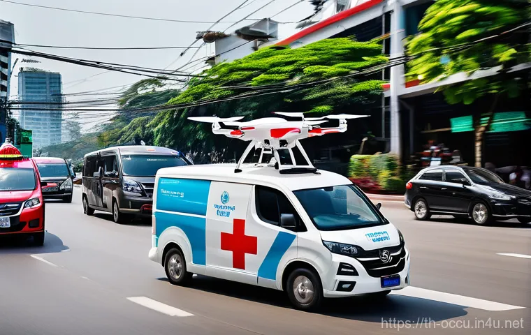 응급구조사와 드론 의료 - **Urban Emergency Delivery in Bangkok**
    *   **Concept**: A high-speed medical drone, a symbol of...