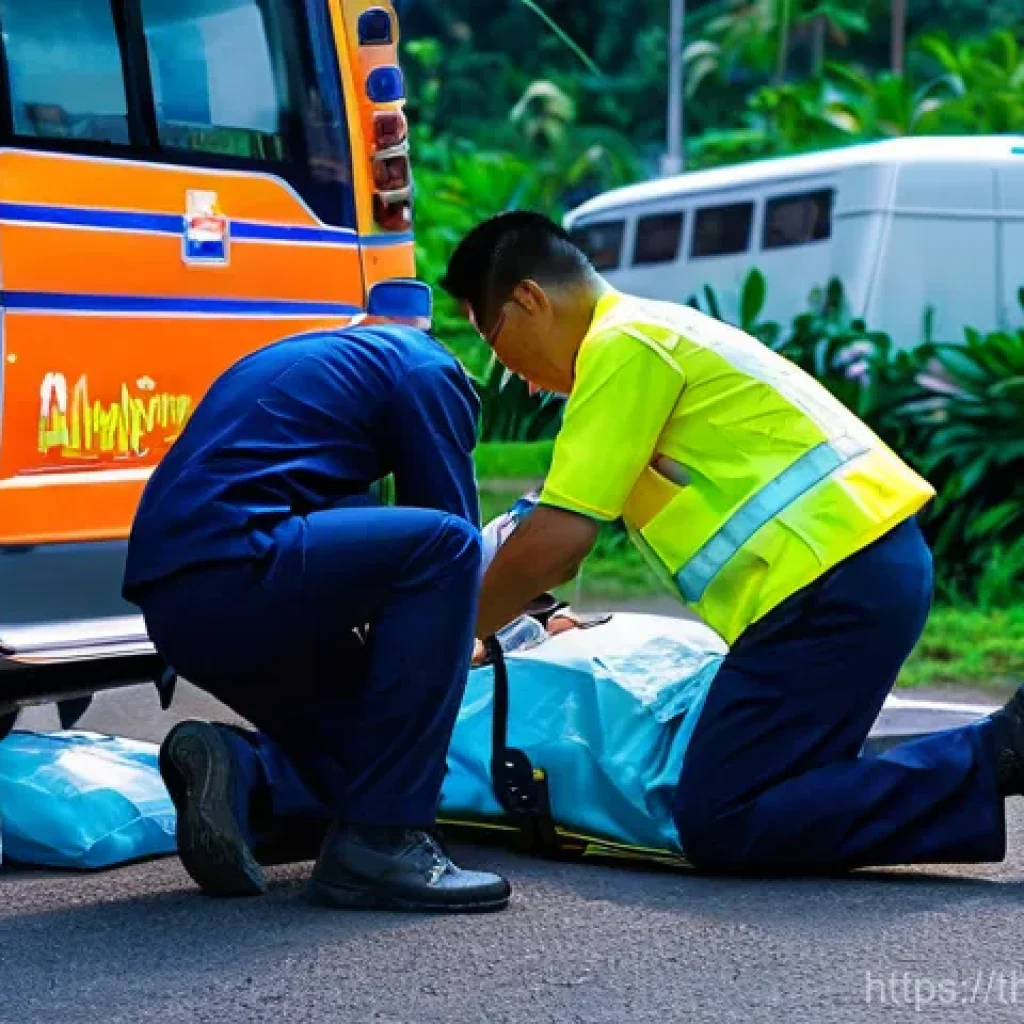 응급구조사 병원 이송 사례 - **Prompt:** A dynamic, wide shot of Thai Emergency Medical Technicians (EMTs) in action at an outdoo...