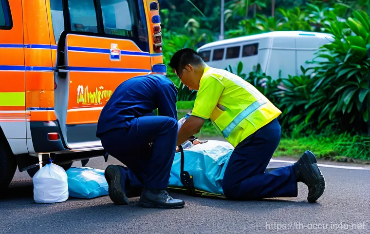 응급구조사 병원 이송 사례 - **Prompt:** A dynamic, wide shot of Thai Emergency Medical Technicians (EMTs) in action at an outdoo...
