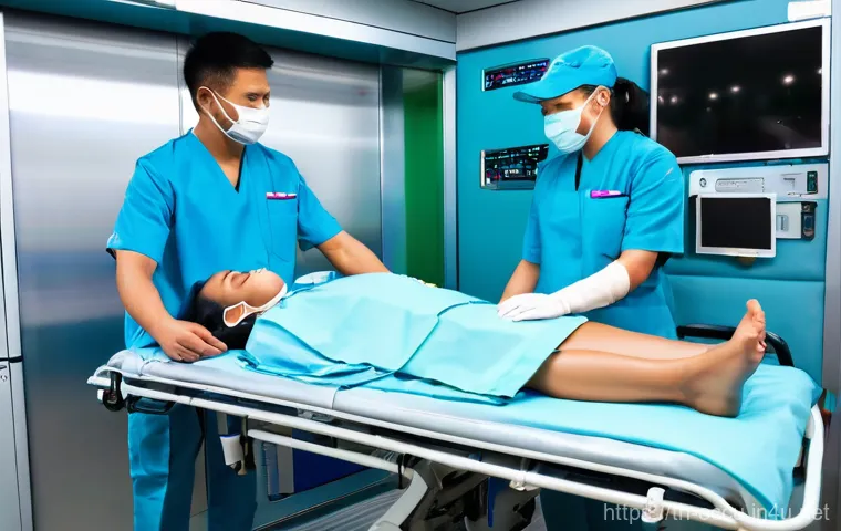 응급구조사 병원 이송 사례 - **Prompt:** A dynamic, wide shot of Thai Emergency Medical Technicians (EMTs) in action at an outdoo...