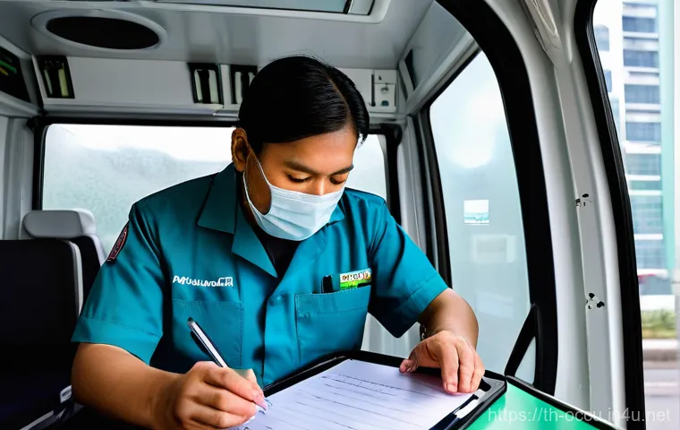 응급구조사와 출동 중 기록 관리 - **Prompt: "A Thai emergency medical services (EMS) paramedic, wearing a standard uniform and a medic...