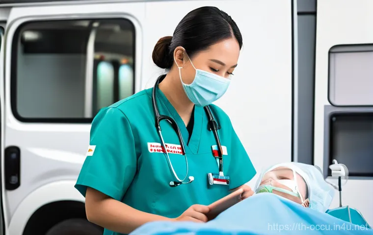 응급구조사와 출동 중 기록 관리 - **Prompt: "A Thai emergency medical services (EMS) paramedic, wearing a standard uniform and a medic...