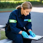 응급구조사와 출동 리포트 작성법 - **Image Prompt 1: Diligent On-Scene Documentation**
    "A compassionate female paramedic, approxima...