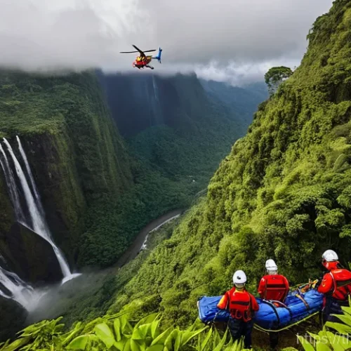 응급구조사와 헬리콥터 구조 - **Air Medical Emergency Training in a Tropical Mountainous Region:**
    A dynamic, wide-angle shot ...