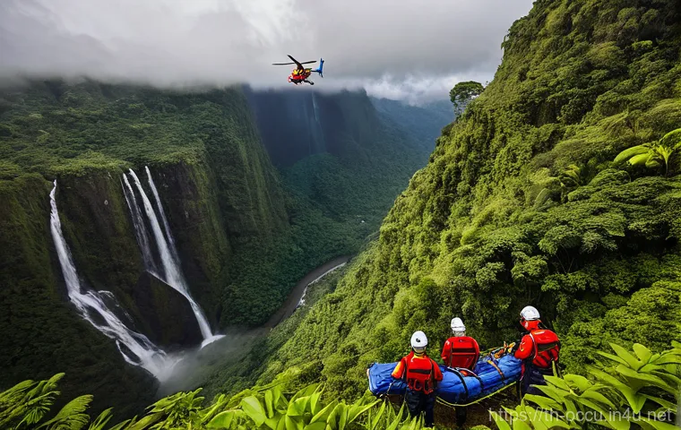응급구조사와 헬리콥터 구조 - **Air Medical Emergency Training in a Tropical Mountainous Region:**
    A dynamic, wide-angle shot ...