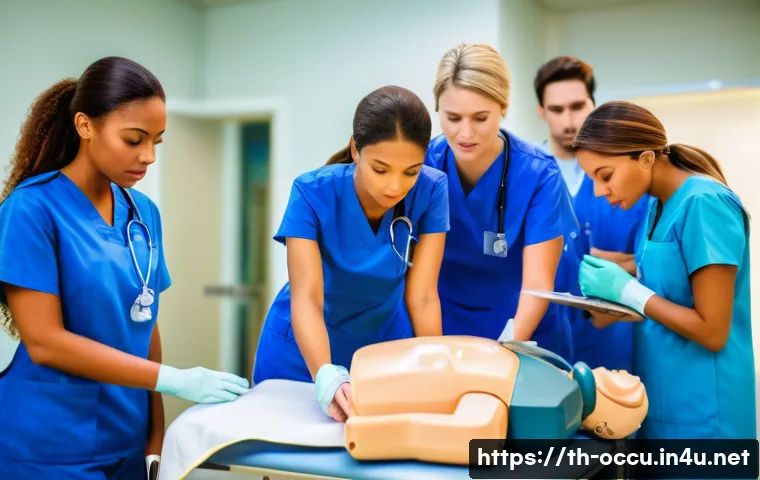 응급구조사 실습생 멘토링 사례 - A compassionate emergency nurse mentor demonstrating CPR technique on a medical training dummy in a ...