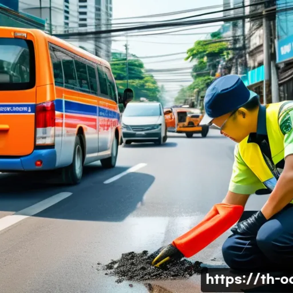 응급구조사와 응급처치 교육 - A detailed scene of an emergency first responder assessing a roadside accident in a busy Bangkok str...
