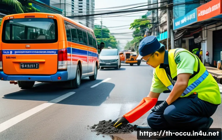 응급구조사와 응급처치 교육 - A detailed scene of an emergency first responder assessing a roadside accident in a busy Bangkok str...