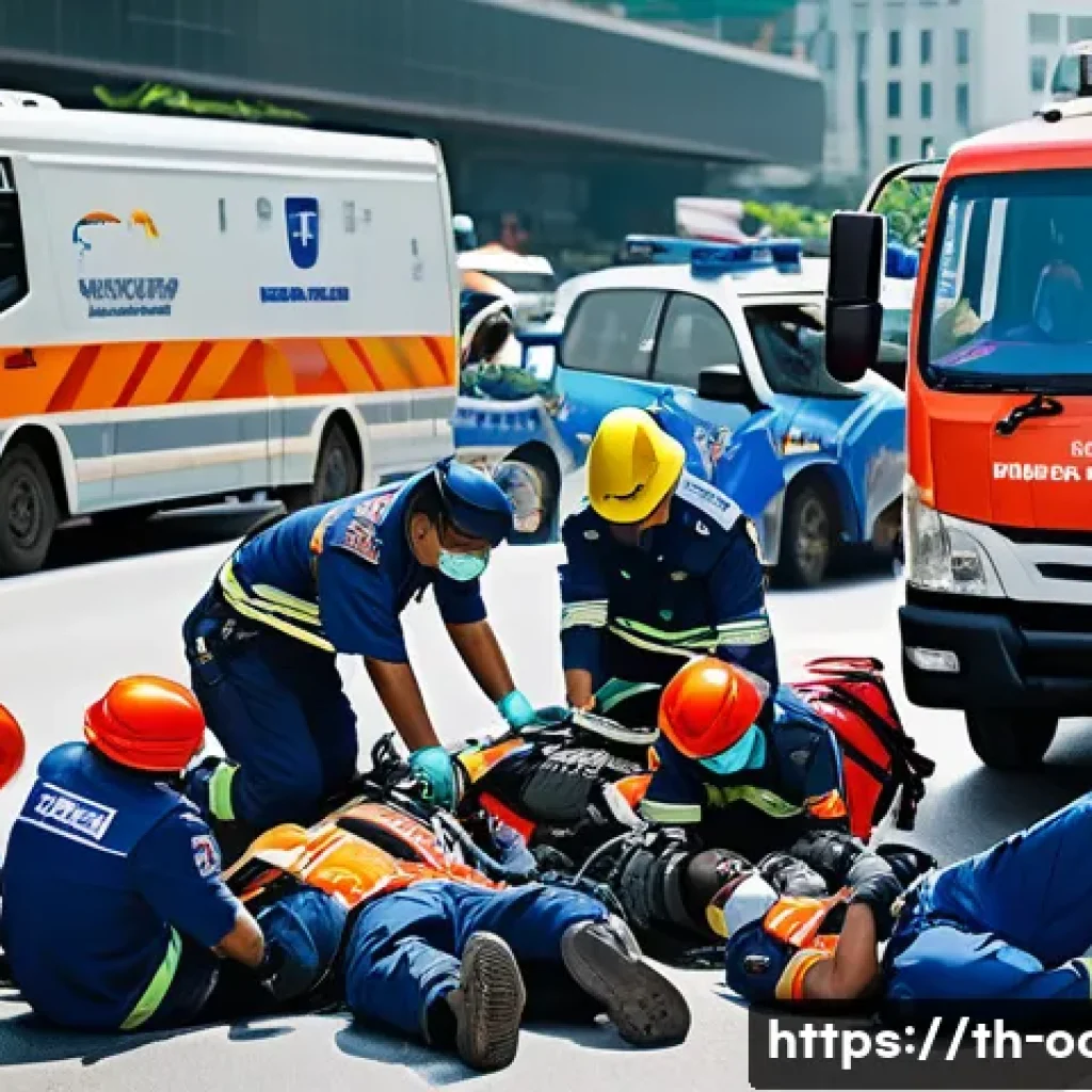 응급구조사와 응급 처치 심화 교육 - A detailed scene of Thai emergency rescue personnel performing triage at a multi-vehicle traffic acc...