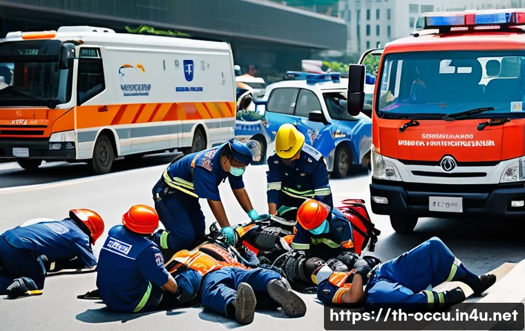 응급구조사와 응급 처치 심화 교육 - A detailed scene of Thai emergency rescue personnel performing triage at a multi-vehicle traffic acc...