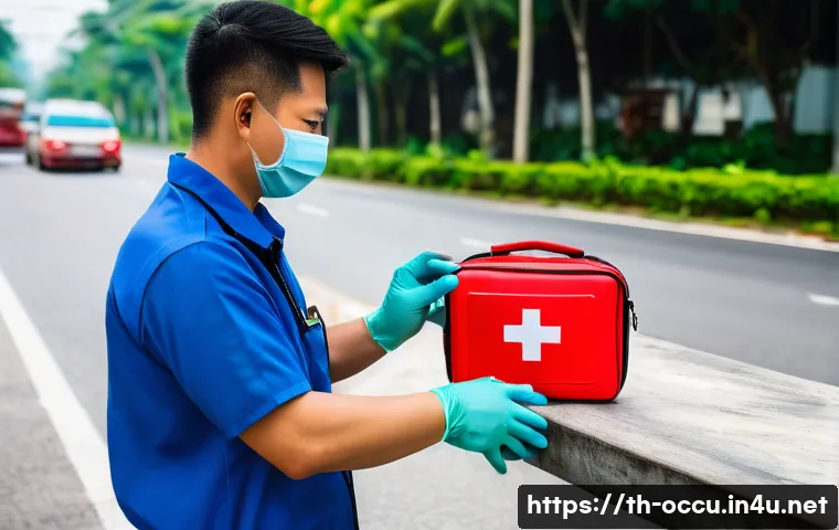 응급구조사 필수 장비 가이드 - A detailed scene of an emergency responder wearing a high-quality N95 mask and disposable latex glov...