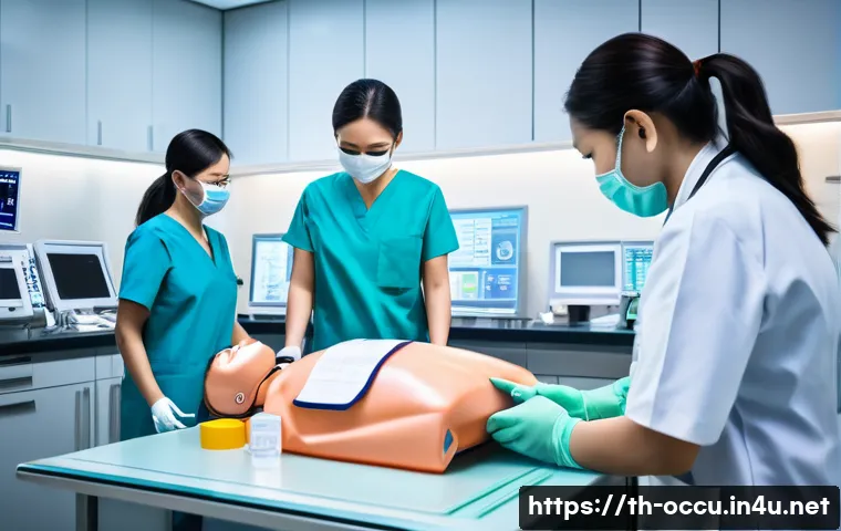 응급구조사 커리어패스 - A detailed scene inside a busy Thai emergency room featuring a professional emergency nurse in moder...