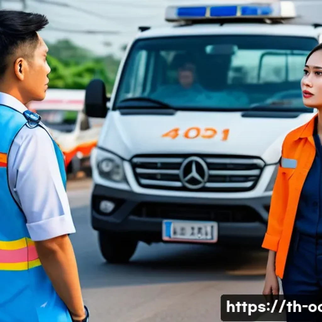 응급구조사와 정신건강 - A calm and compassionate emergency responder gently speaking to a distressed Thai adult woman at a r...