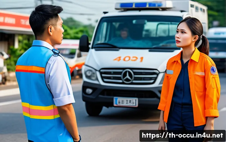 응급구조사와 정신건강 - A calm and compassionate emergency responder gently speaking to a distressed Thai adult woman at a r...
