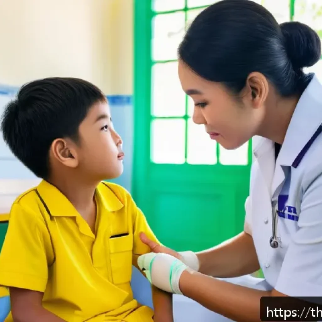 응급구조사와 학교 응급처치 교육 - A detailed scene inside a bright and clean Thai elementary school infirmary, showing a calm female t...