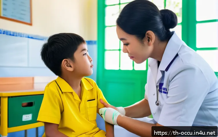 응급구조사와 학교 응급처치 교육 - A detailed scene inside a bright and clean Thai elementary school infirmary, showing a calm female t...