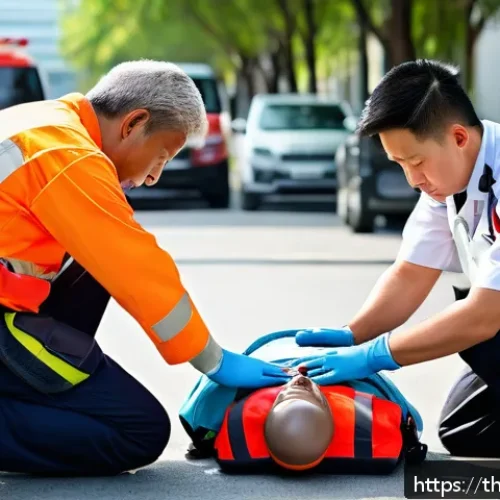 응급구조사와 ACLS - A detailed scene showing a diverse group of adult first responders in a modern urban setting perform...