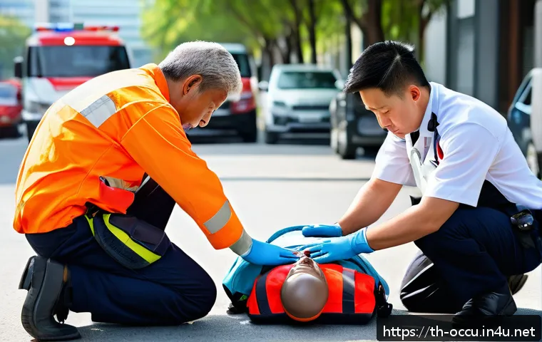 응급구조사와 ACLS - A detailed scene showing a diverse group of adult first responders in a modern urban setting perform...