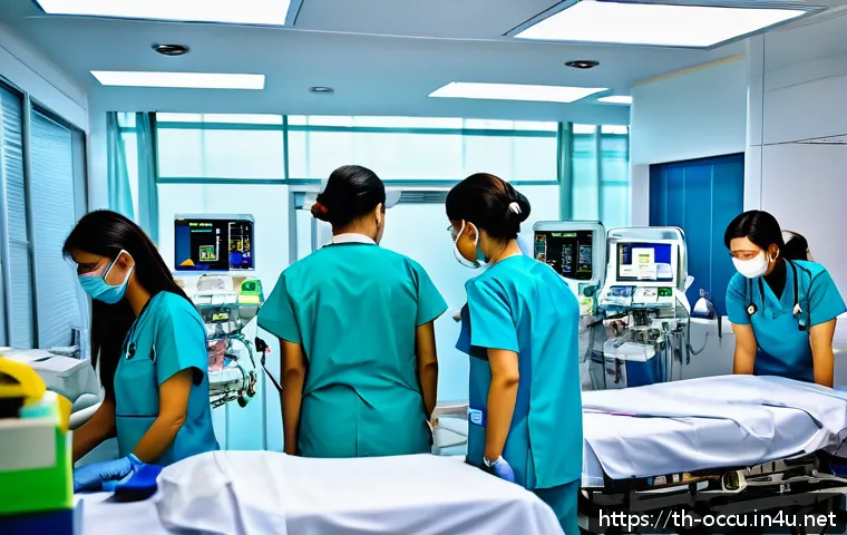 응급구조사와 응급전문팀 구성 - A highly detailed emergency medical team in action inside a modern Bangkok hospital emergency room, ...