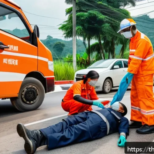 응급구조사 응급상황 대처법 - A detailed scene of a Thai roadside emergency accident during daytime, showing a small crowd of dive...