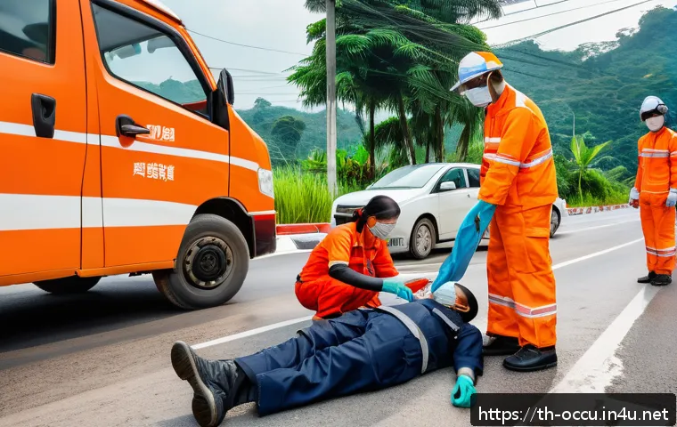 응급구조사 응급상황 대처법 - A detailed scene of a Thai roadside emergency accident during daytime, showing a small crowd of dive...