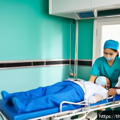 응급구조사와 환자 이동 기술 - A detailed scene inside a modern Thai hospital emergency room showing a medical team carefully lifti...