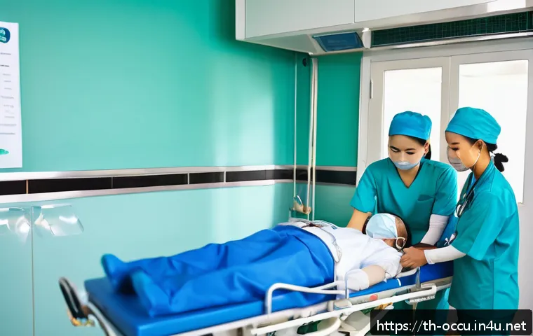 응급구조사와 환자 이동 기술 - A detailed scene inside a modern Thai hospital emergency room showing a medical team carefully lifti...