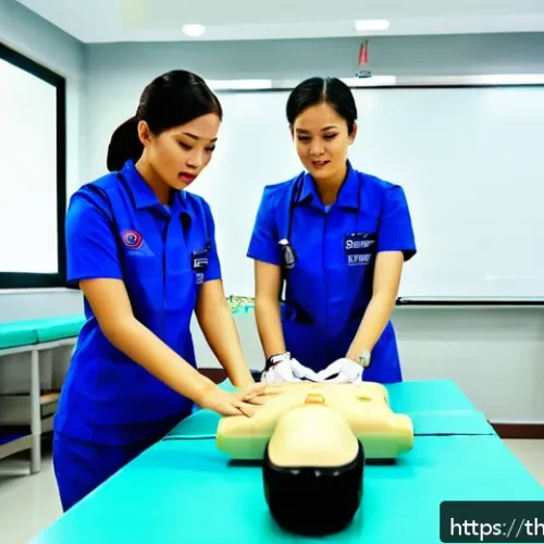 응급구조사 국가고시 합격률 - A detailed scene of a Thai emergency medical assistant training session in a modern classroom, featu...