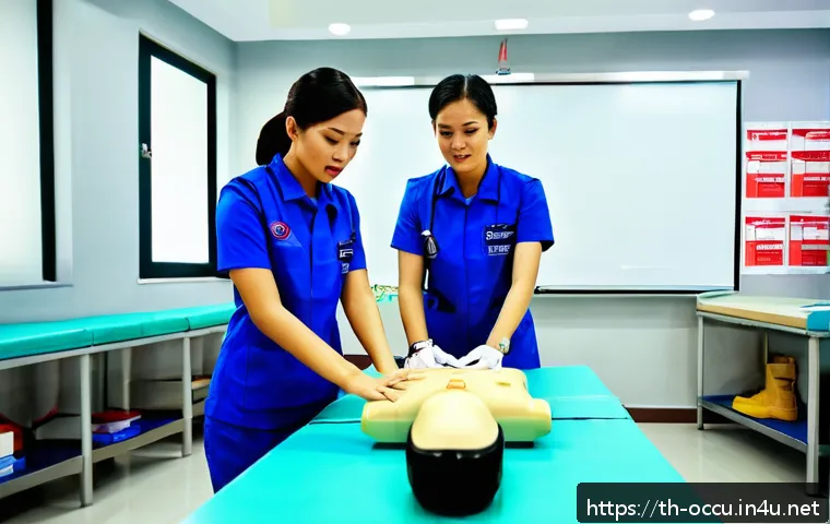 응급구조사 국가고시 합격률 - A detailed scene of a Thai emergency medical assistant training session in a modern classroom, featu...