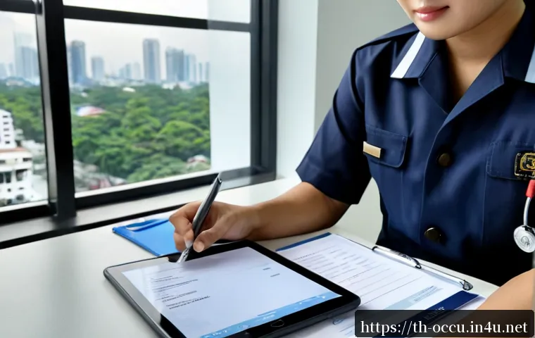 응급구조사 채용 정보 업데이트 - Photorealistic Thai emergency medical technician reviewing a tablet with blank job-listing style int...